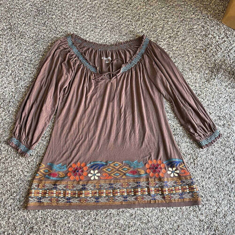 Stetson Womens Tunic Top Embroidered South Western Size S Brown 3/4 Sleeves